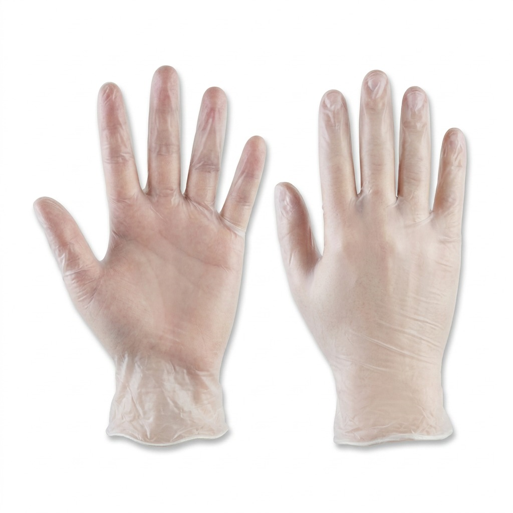 Pair of Globe clear powder-free 4mil vinyl medical gloves shown from front and back views.