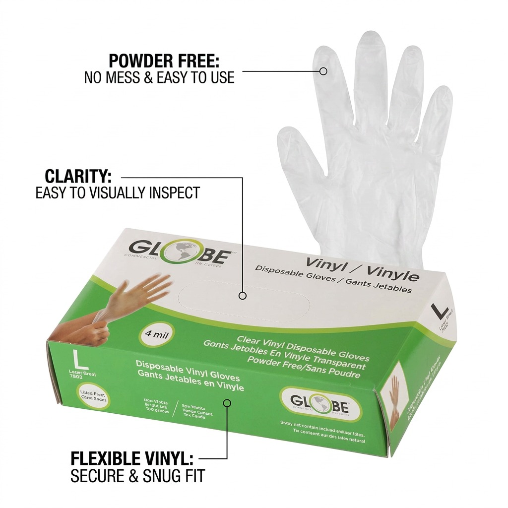 Feature graphic for Globe Commercial Vinyl Gloves, 4mil, powder-free, medical grade, size large.