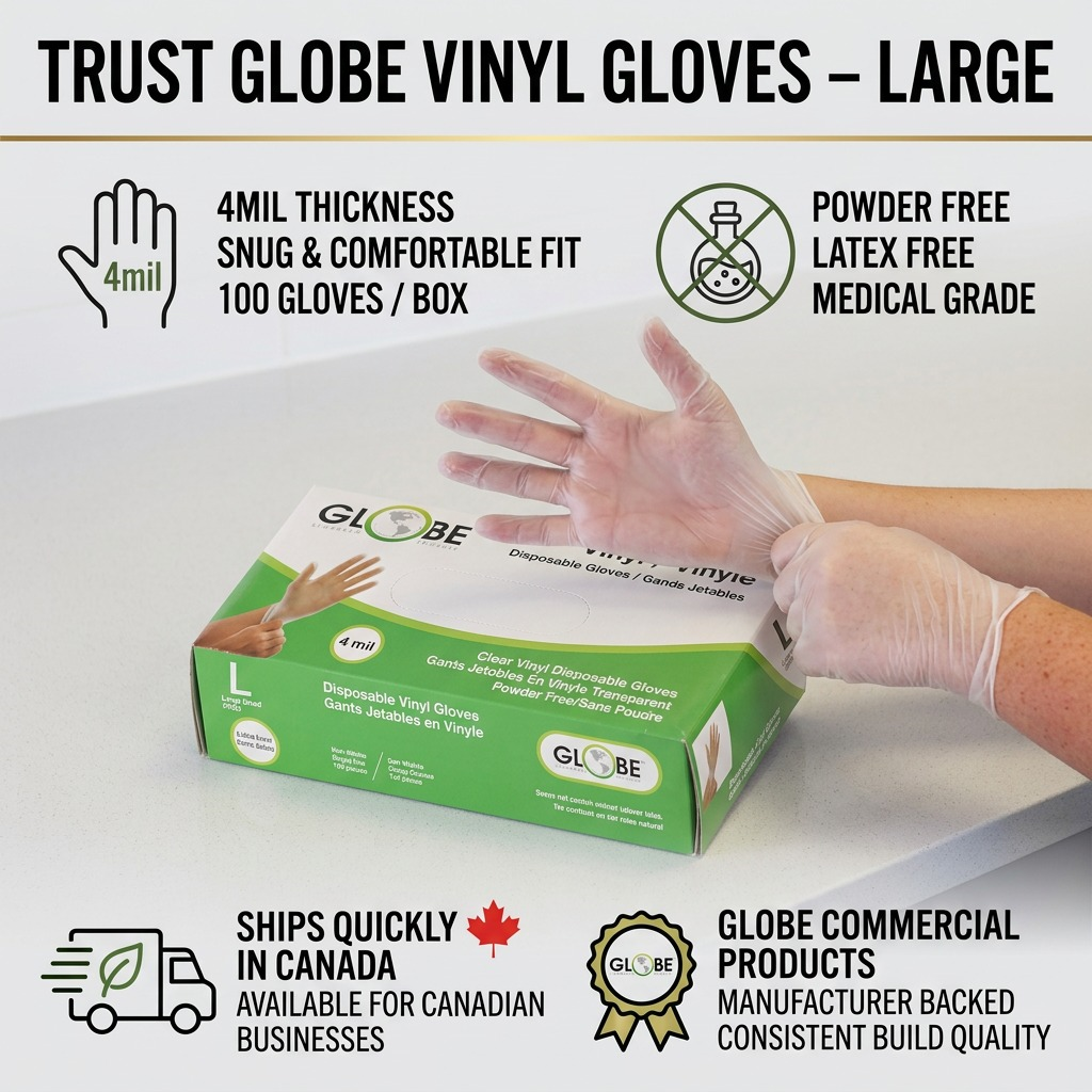 Infographic for Globe Medical Vinyl Gloves showing 4mil thickness, powder-free, and Canadian shipping.