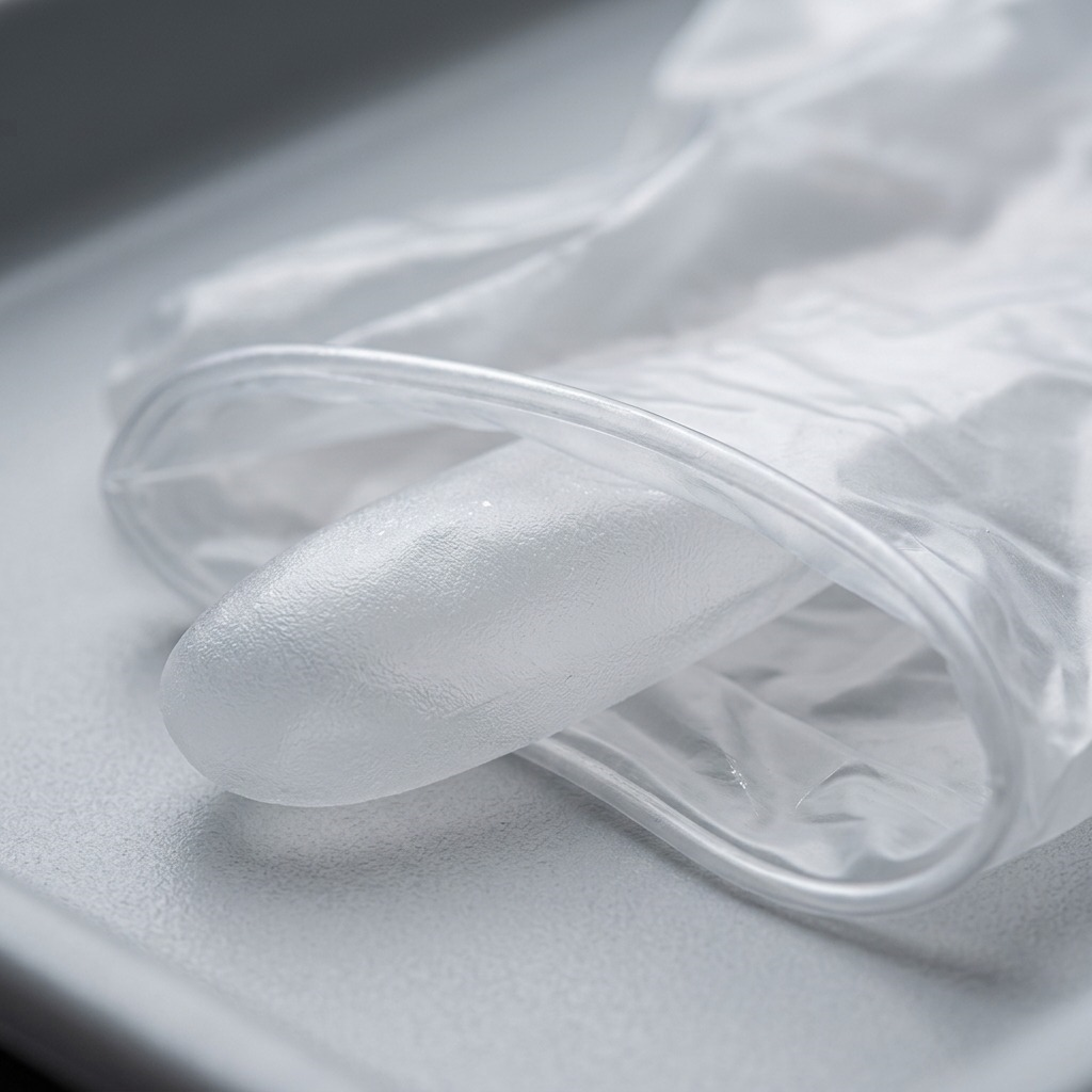 Macro detail of a 4mil Globe vinyl medical glove showing the clear material and rolled cuff.