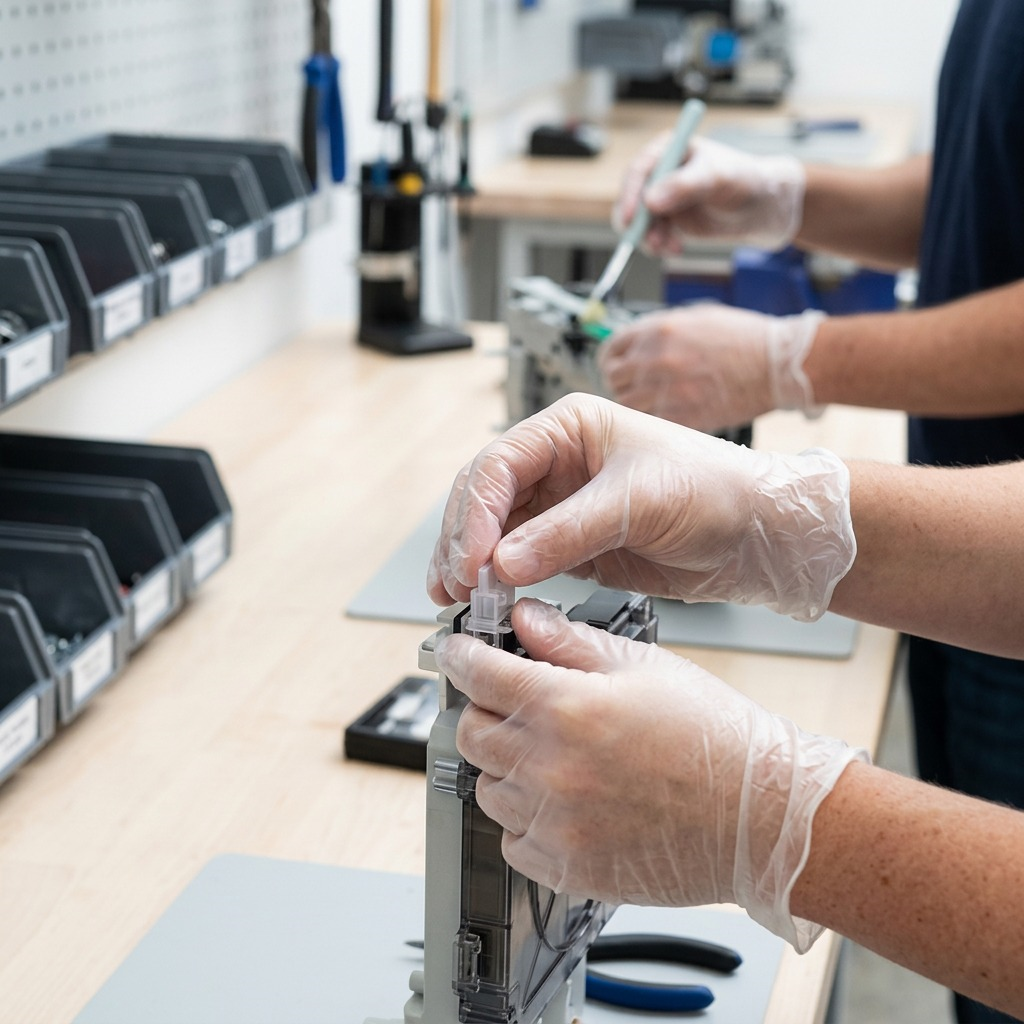 Clear 4mil vinyl gloves worn during precision assembly work in a clean workshop environment.