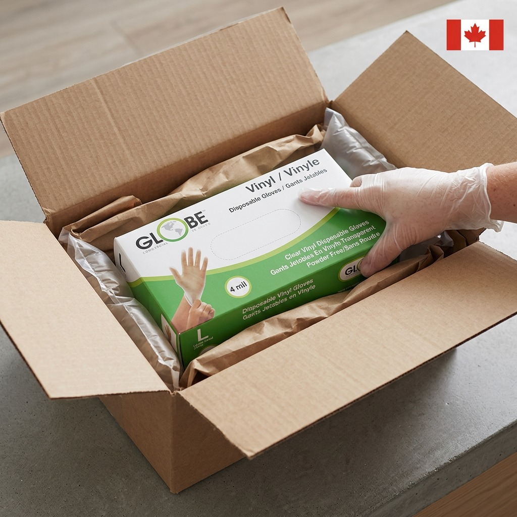 Unboxing Globe Commercial Vinyl Gloves from a secure shipping box with protective dunnage.