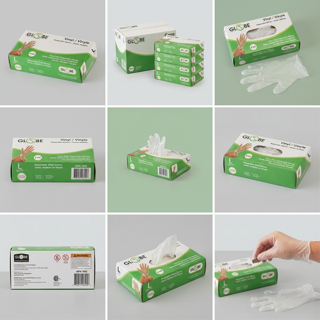 Grid showing Globe Medical Clear Vinyl Gloves in boxes, bulk cases, and individual gloves.