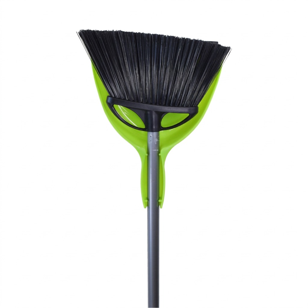 Globe Commercial Products 10-inch angle broom with lime green 9-inch snap-on dustpan combo.