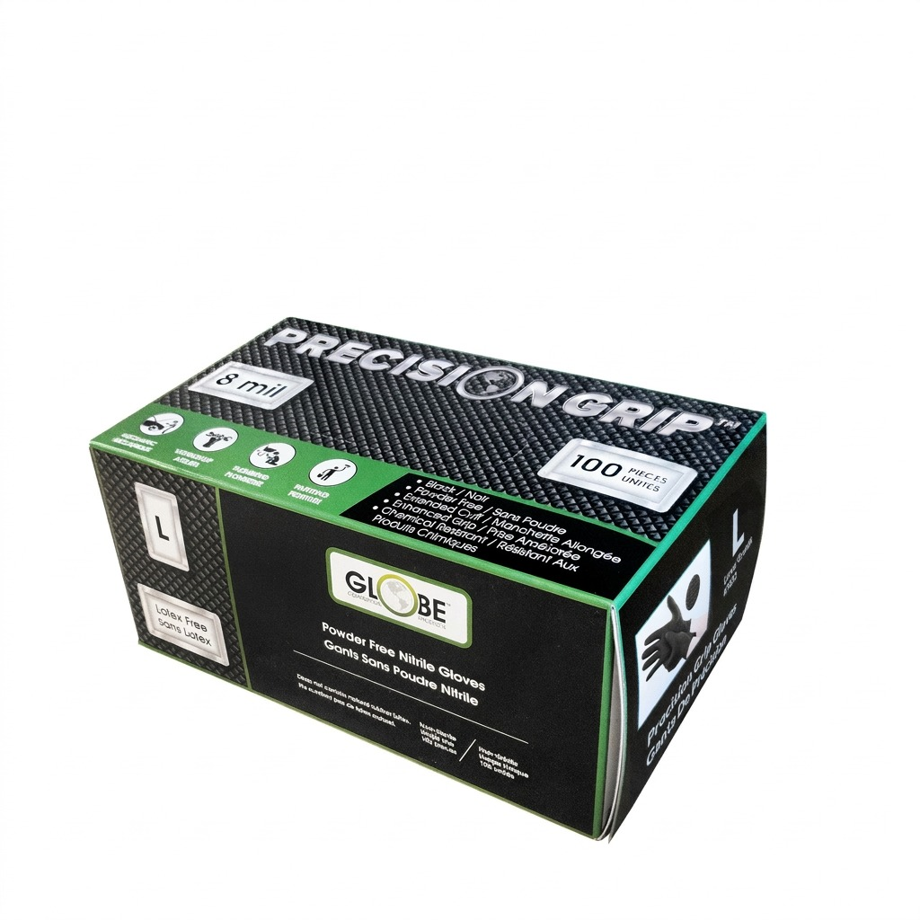 Globe Precision Grip 8mil Large Black Nitrile Gloves, 100-count box for heavy-duty protection.