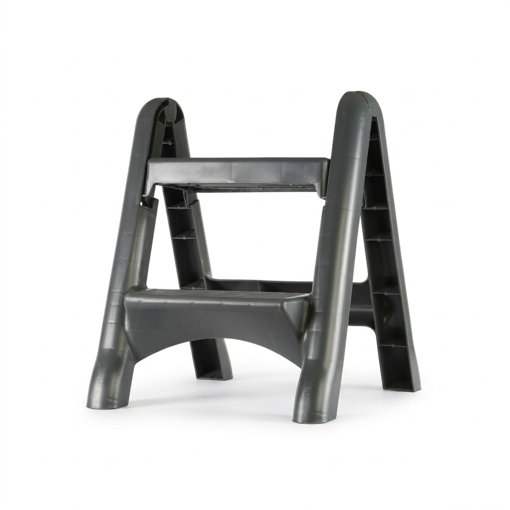 Globe Commercial Products 2-step black folding stool with anti-skid steps on a white background.