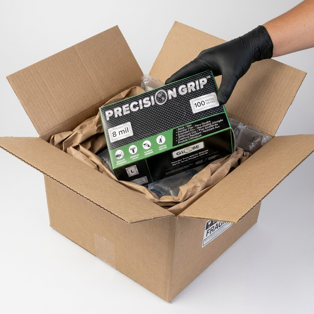 Globe Precision Grip 8mil Large Black Nitrile Gloves, 100-count box for heavy-duty protection.