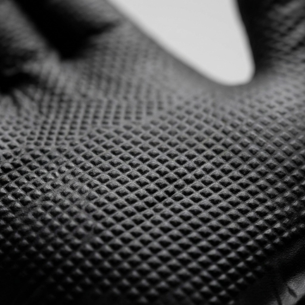 Macro detail of the raised diamond grip texture on a Globe black 8mil nitrile glove.
