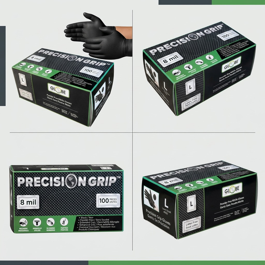Four views of Globe Precision Grip 8mil black nitrile gloves box including front and side angles.