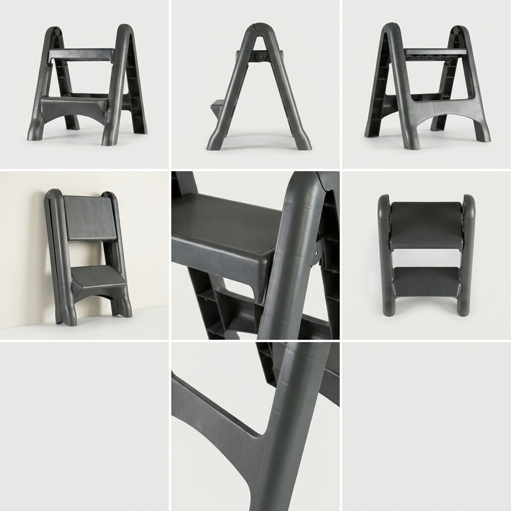 Globe Commercial Products 2-step black folding stool with anti-skid steps on a white background.