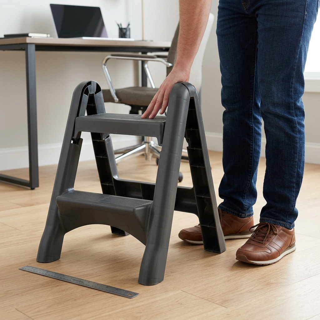 Person standing next to the Globe 2-step folding stool in an office to show size and scale.