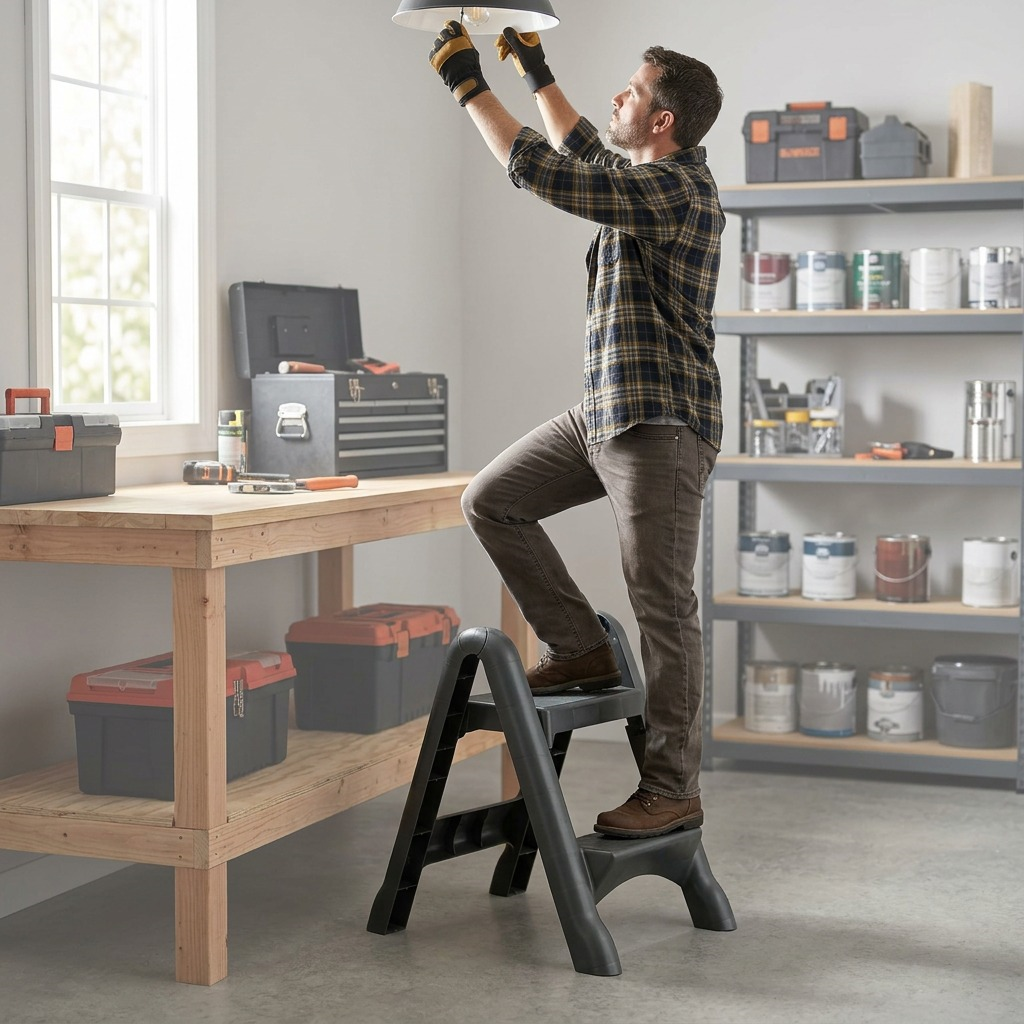 A person uses the Globe Commercial Products 2-step stool to reach a light fixture in a workshop.