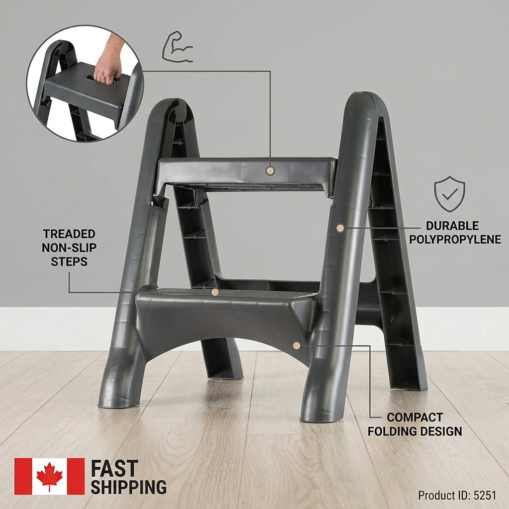 Globe Commercial 2-step folding stool features treaded non-slip steps and durable polypropylene.