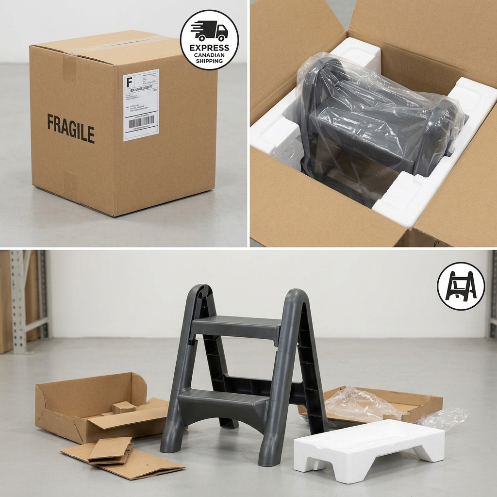Globe Commercial Products 2-step folding stool in protective packaging and shipping box.