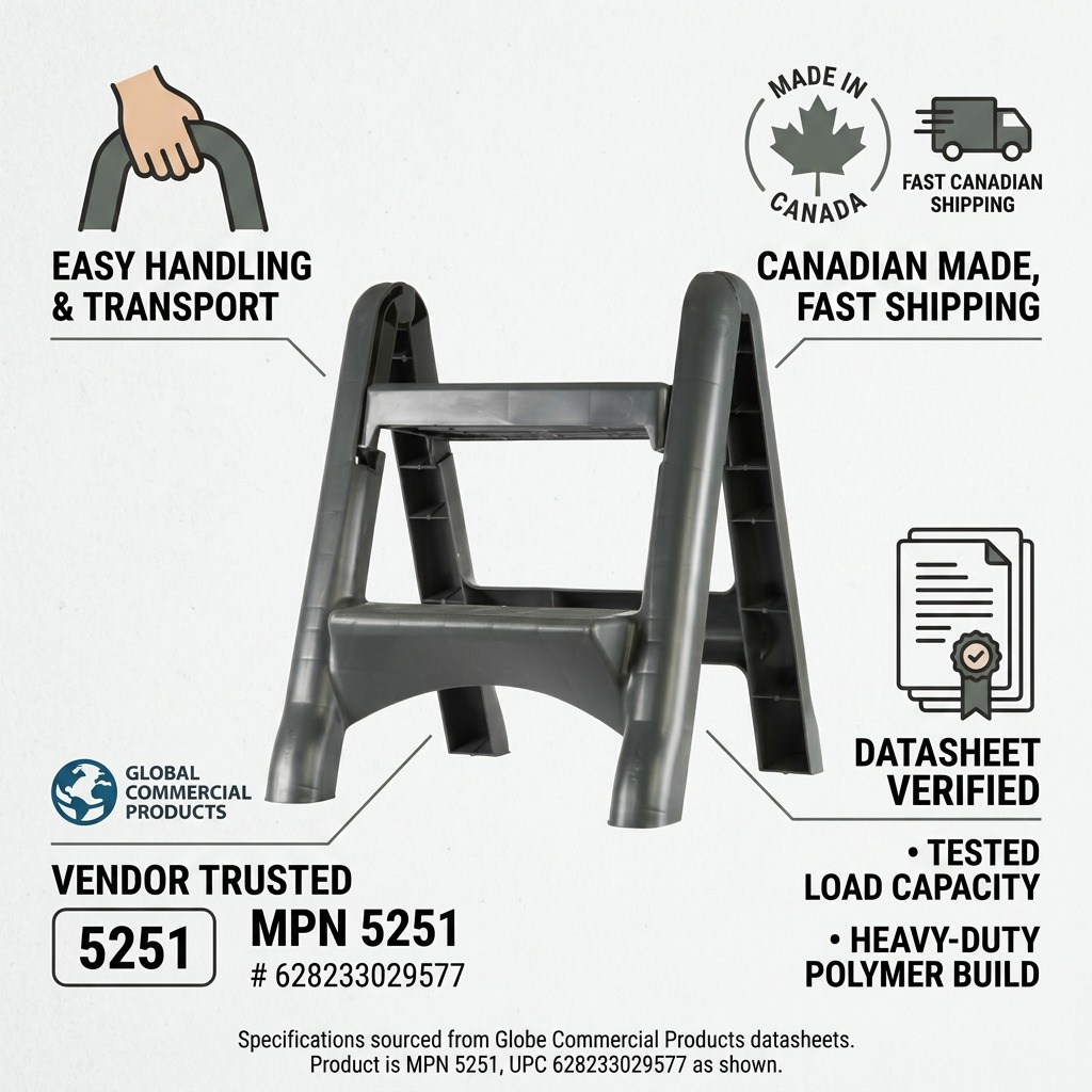 Infographic for Globe Commercial 2-step stool highlighting Canadian-made quality and easy handling.