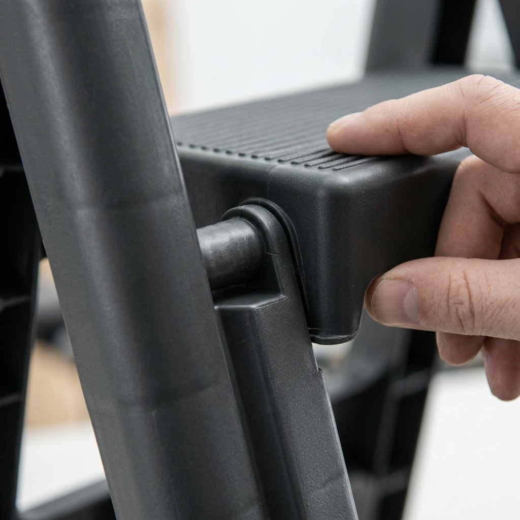Macro detail of the Globe Commercial Products folding step stool pivot hinge and anti-skid step.