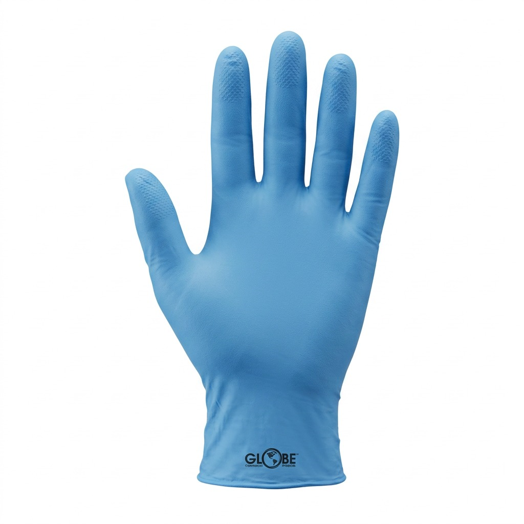 Globe 4-mil sky blue powder-free nitrile medical glove with textured fingertips on white background.