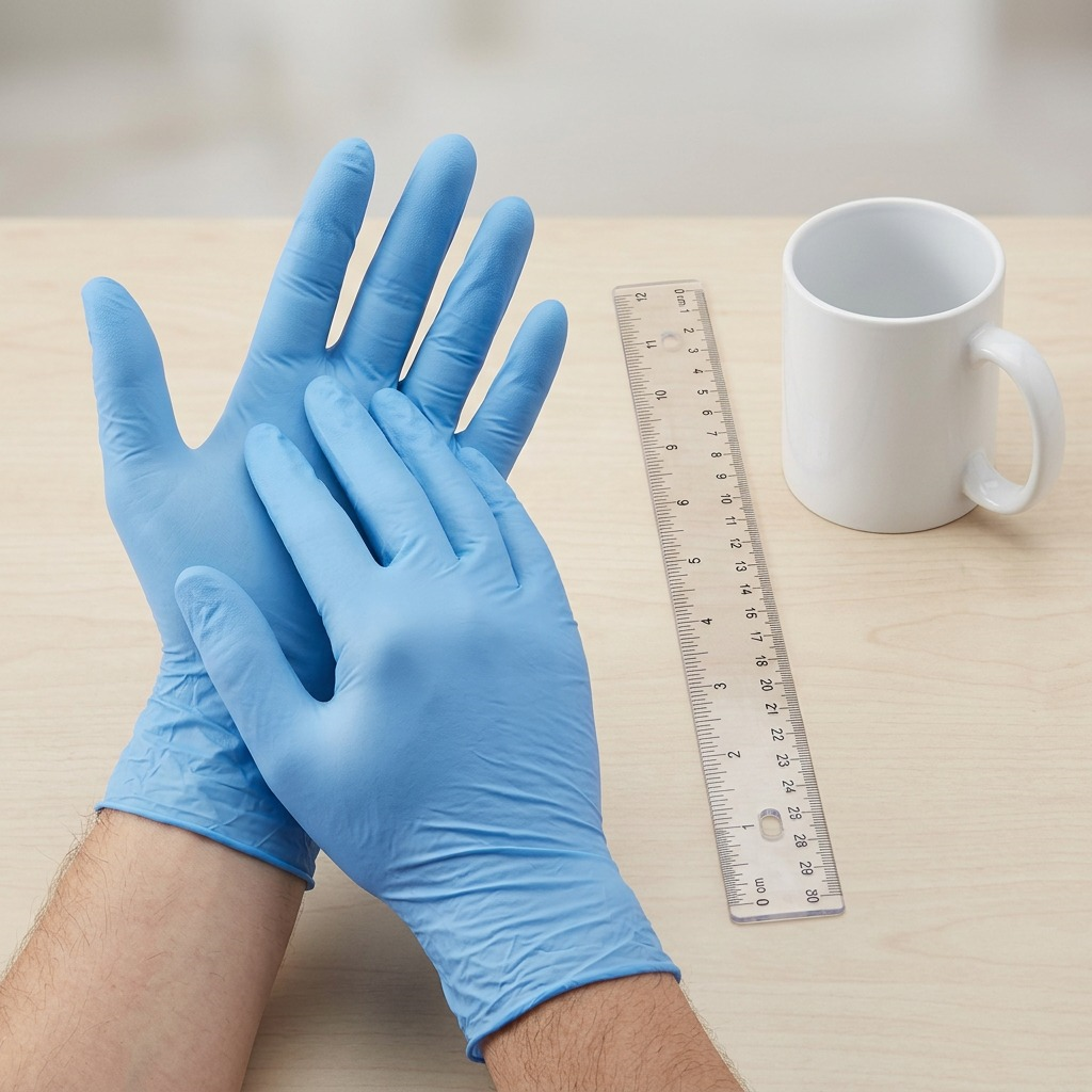 Globe 4-mil sky blue powder-free nitrile medical glove with textured fingertips on white background.