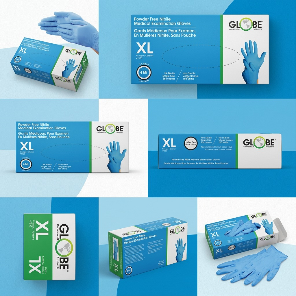 Grid showing Globe 4-mil XL powder-free blue nitrile glove boxes from multiple helpful angles.