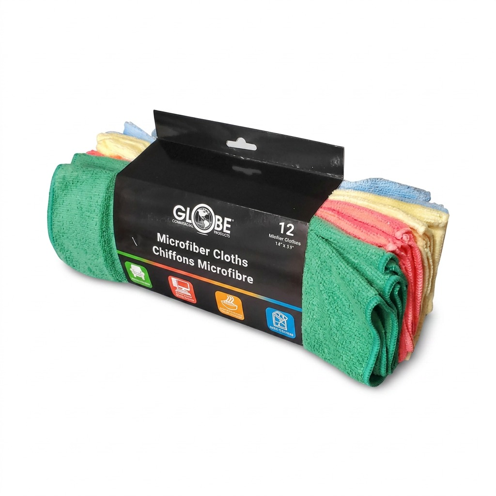 Globe Commercial 12-pack of assorted microfiber cloths in green, red, yellow, and blue packaging.