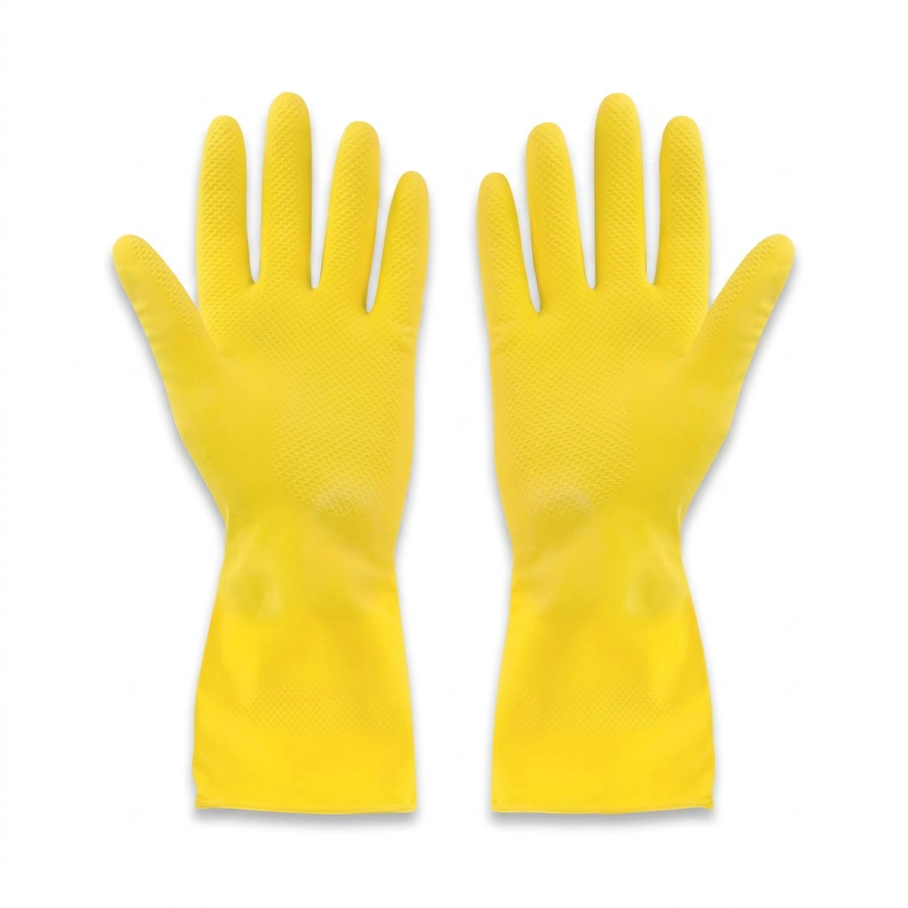 Pair of yellow Globe Commercial Products flocklined rubber gloves with extended cuffs and non-slip grip.