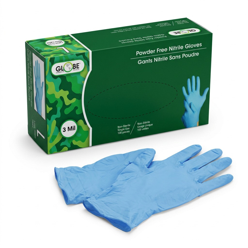 Box of 100 Globe 3mil sky blue nitrile gloves, large size, powder-free and latex-free.