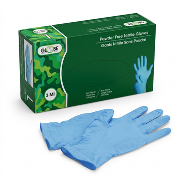 Globe – Gants nitrile bleus sans poudre 3 mil, grands, boîte de 100 – 7852