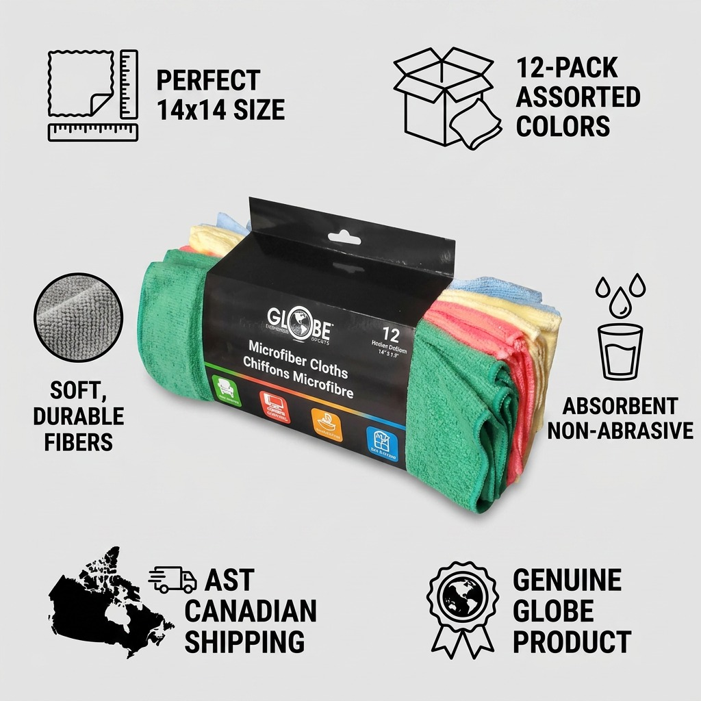 Globe Commercial 12-pack of assorted microfiber cloths in green, red, yellow, and blue packaging.