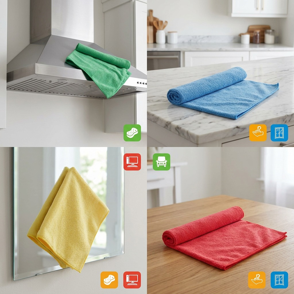 Globe Commercial 14x14 color-coded microfiber cloths used on counters, mirrors, and range hoods.