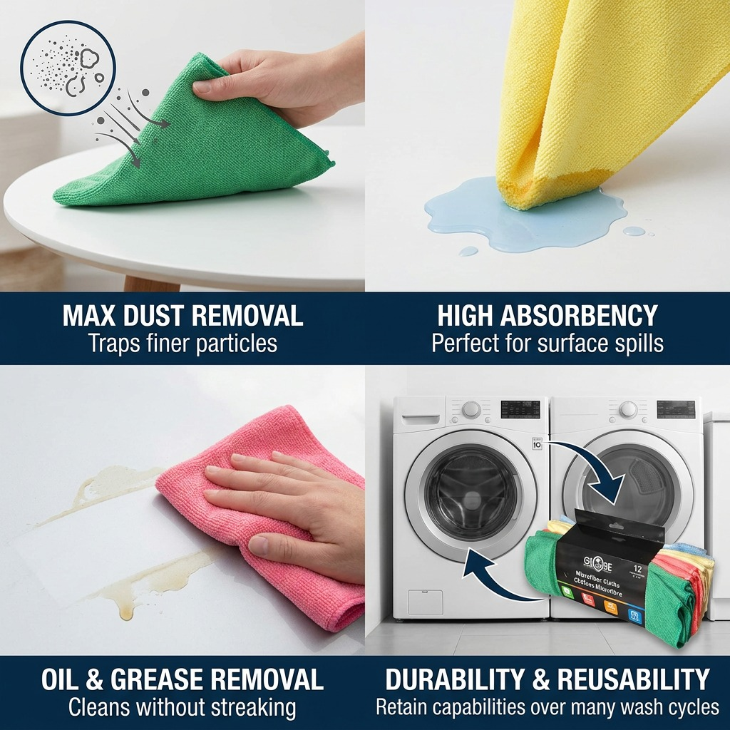 Globe Commercial Microfiber Cloths features: dust trapping, high absorbency, and grease removal.