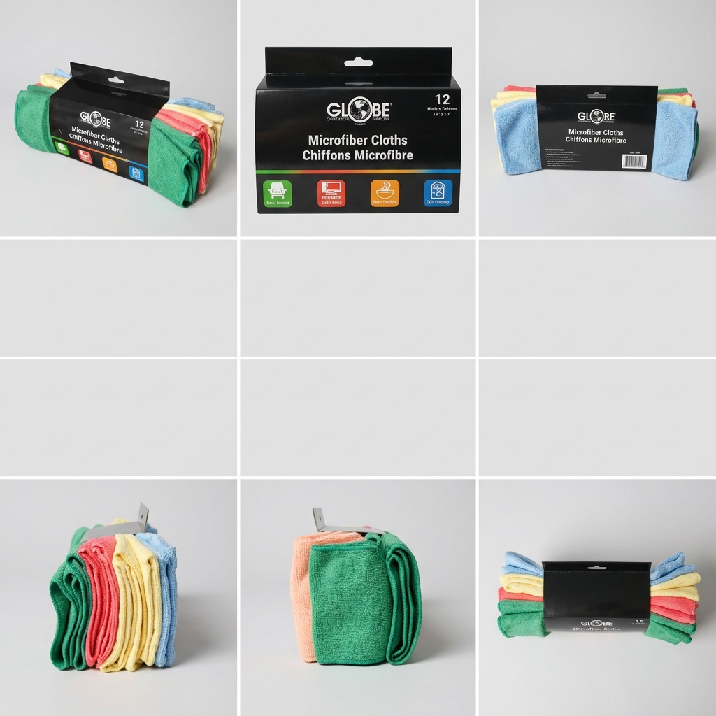 Grid of Globe Commercial 14x14 microfiber cloths showing the 12-pack assorted colors from multiple angles.