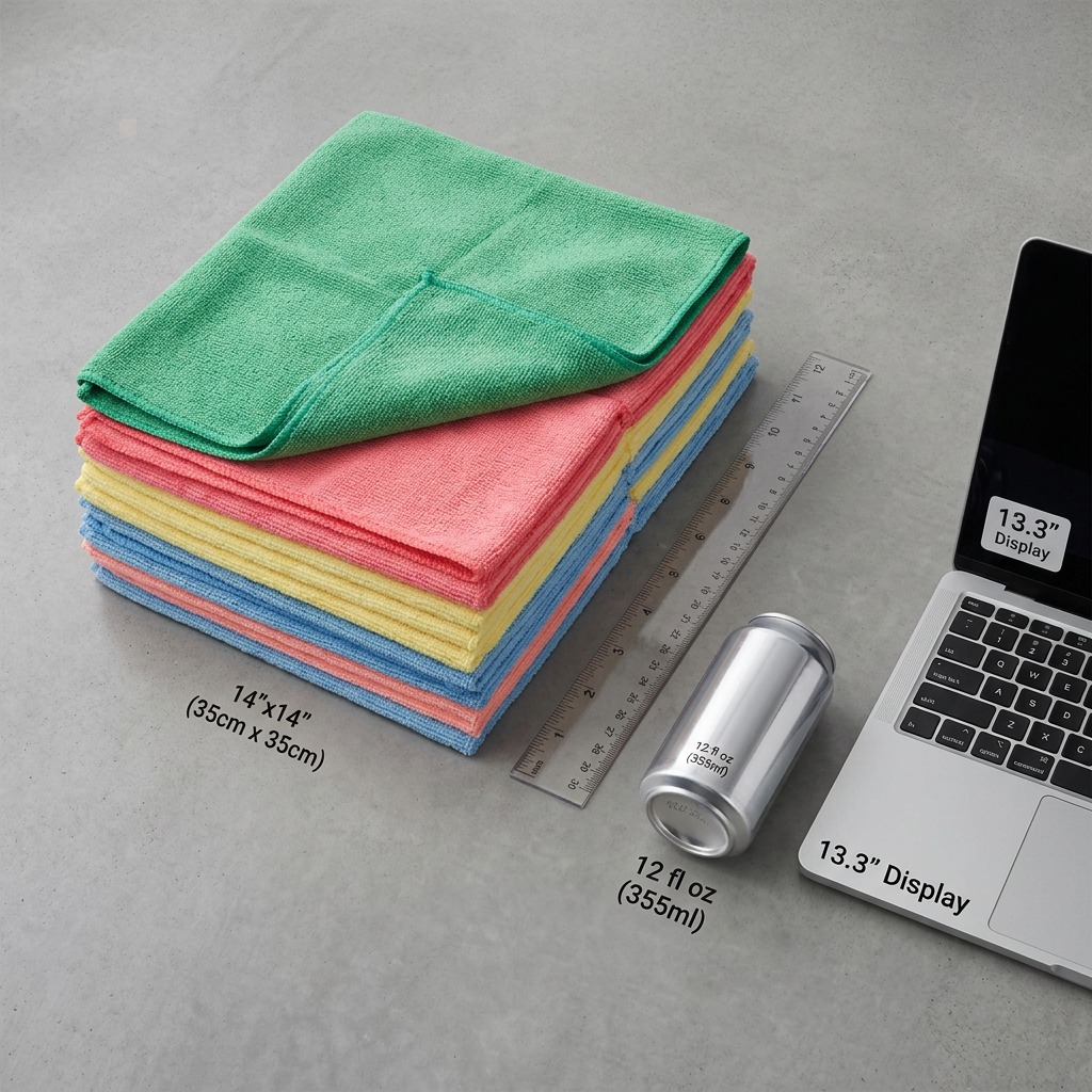 Globe Commercial 14x14 microfiber cloths stacked beside a laptop and soda can for scale.