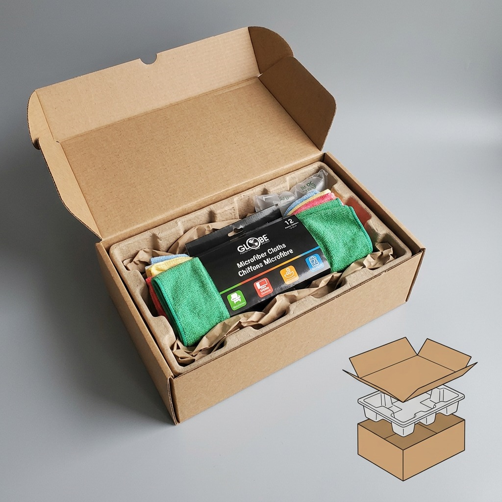Globe Commercial 12-pack microfiber cloths securely packed in a shipping box with protective inserts.