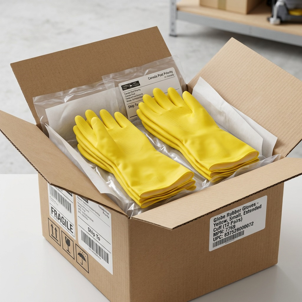 Pair of yellow Globe Commercial Products flocklined rubber gloves with extended cuffs and non-slip grip.