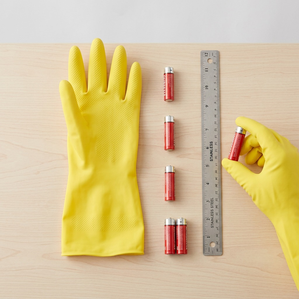 Globe Commercial Products yellow flocklined rubber glove shown next to a ruler and AA batteries.