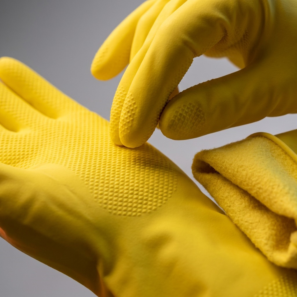 Macro detail of yellow Globe Commercial rubber gloves showing non-slip honeycomb grip and soft flock lining.