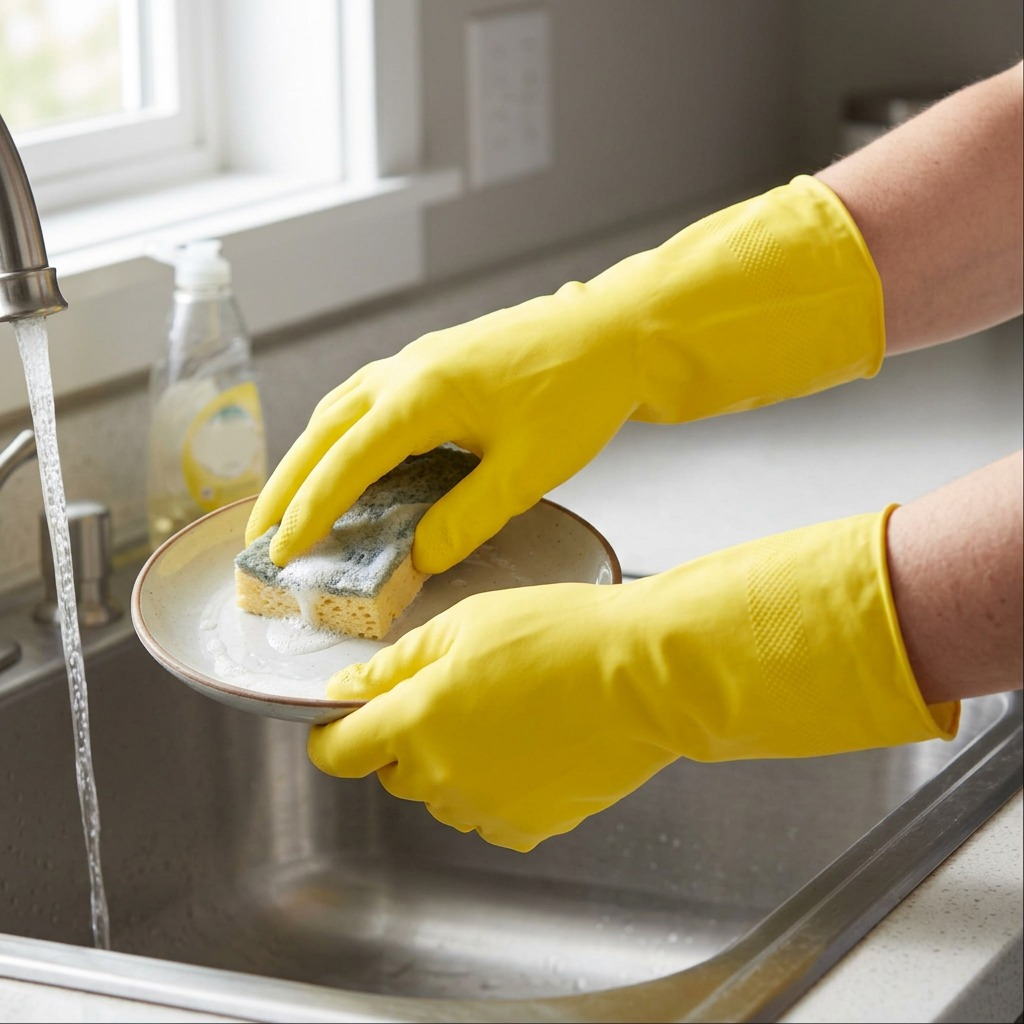 Yellow Globe Commercial flocklined rubber gloves with extended cuffs used for washing dishes.