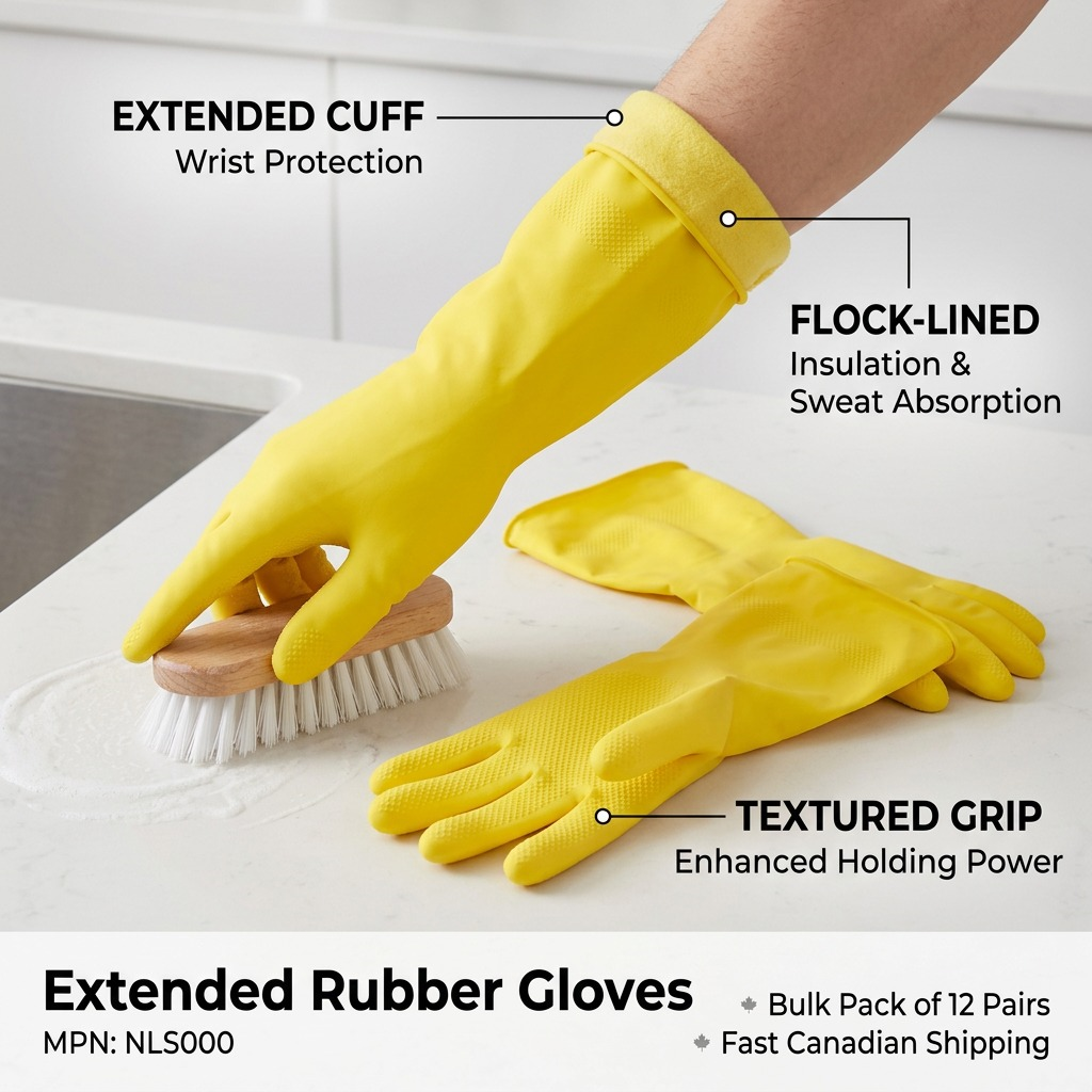 Yellow Globe Extended Rubber Gloves showing flock-lined interior, textured grip, and long cuffs.