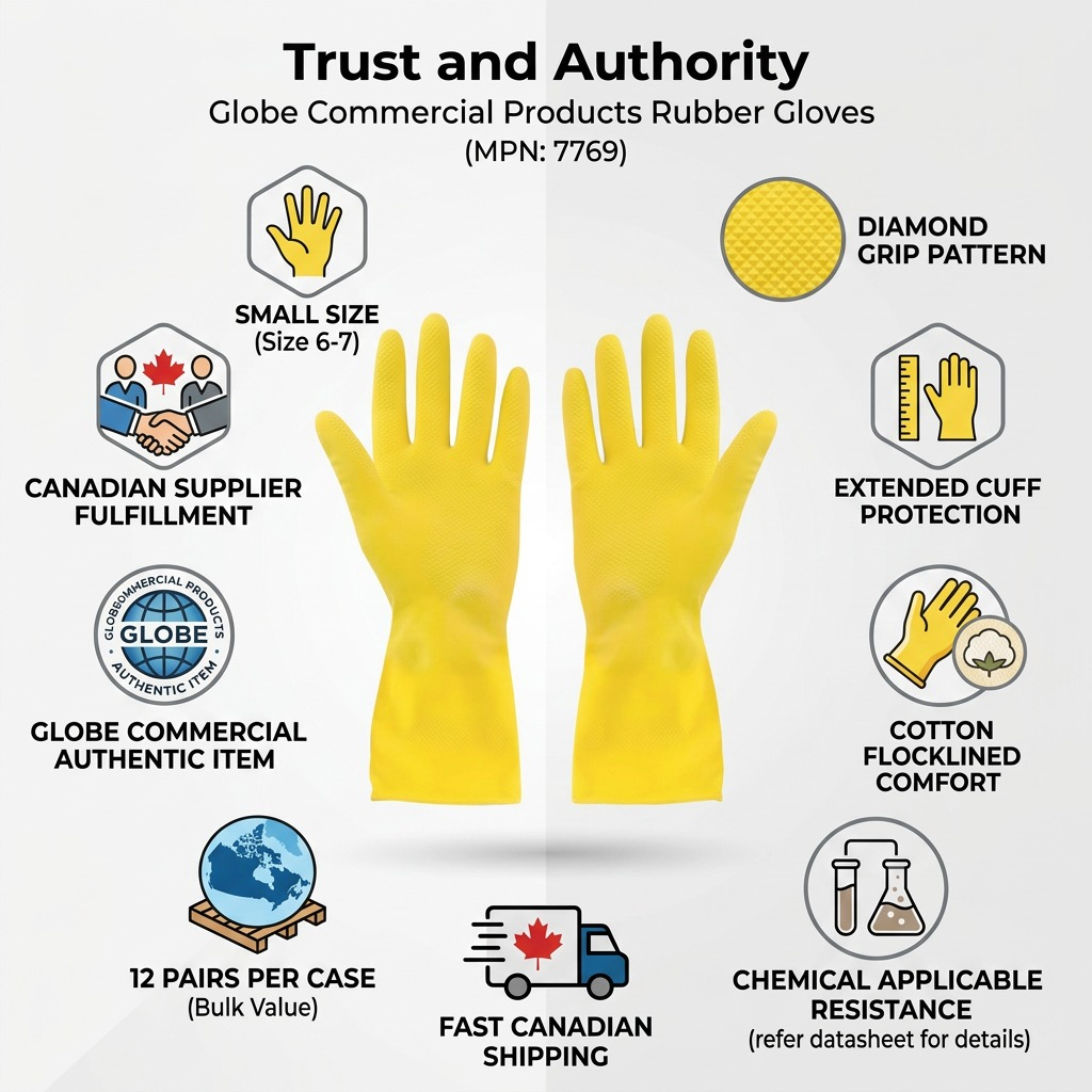 Globe Commercial rubber gloves infographic detailing small size, diamond grip, and flocklined cuff.