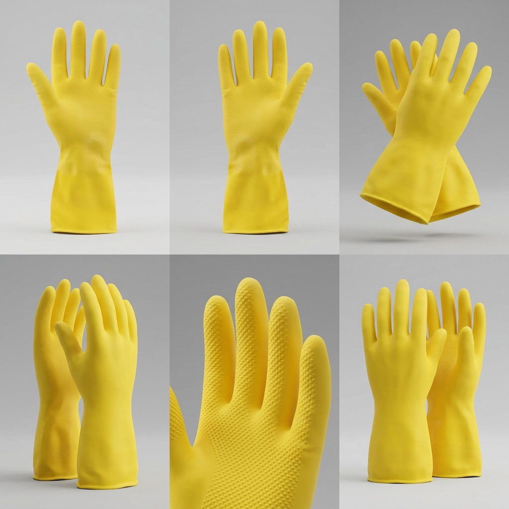 Globe Commercial Products yellow rubber gloves shown from multiple angles highlighting non-slip grip.