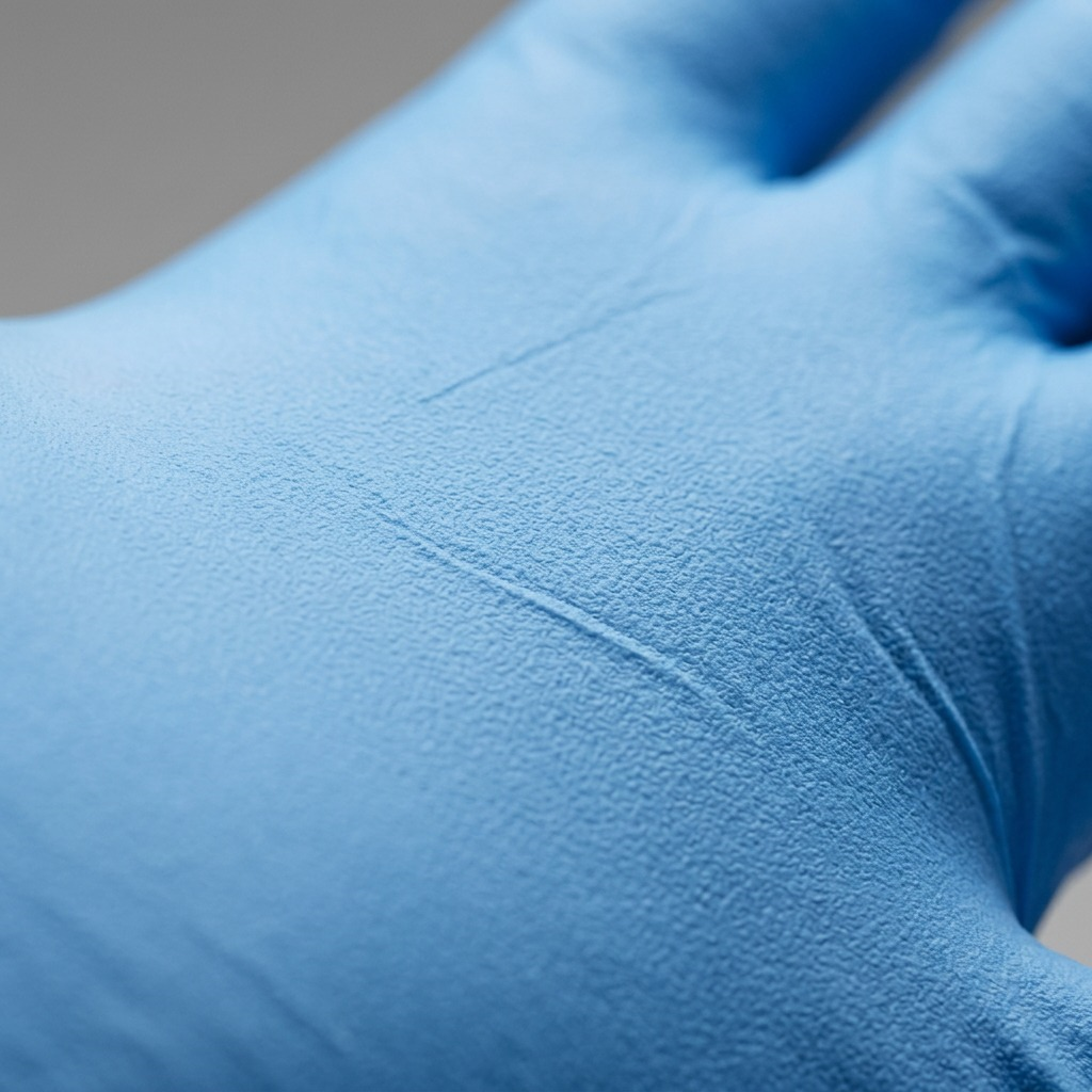Macro detail of sky blue Globe nitrile glove showing the fine textured 3mil powder-free material.