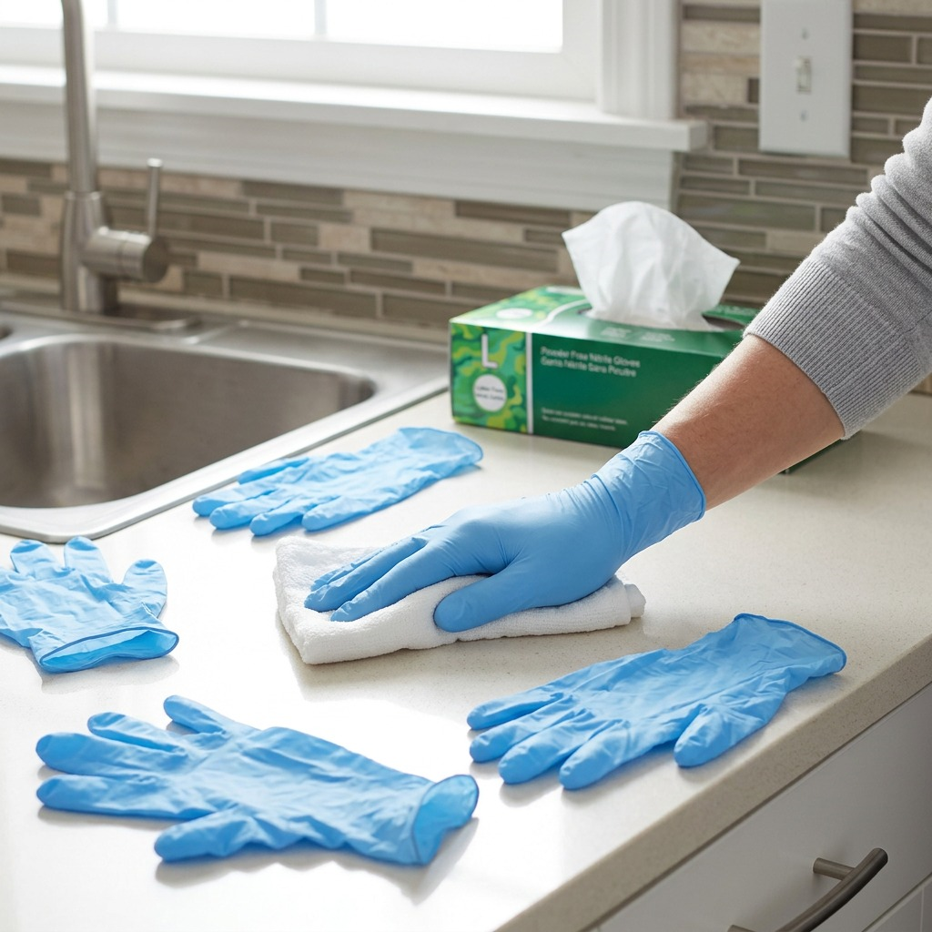 Person wearing Globe 3mil sky blue nitrile gloves cleaning a kitchen counter with a white cloth.