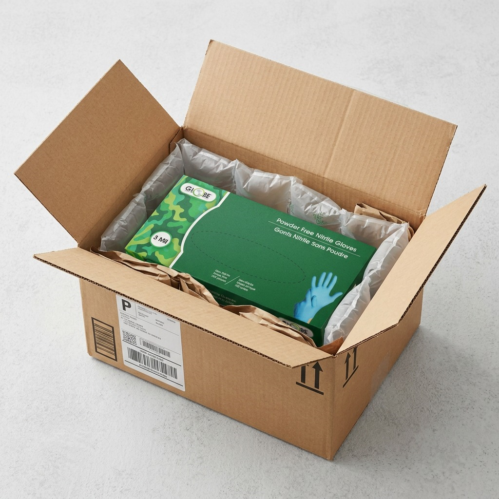 Globe Nitrile Gloves in an open cardboard shipping box with protective air pillows and paper fill.