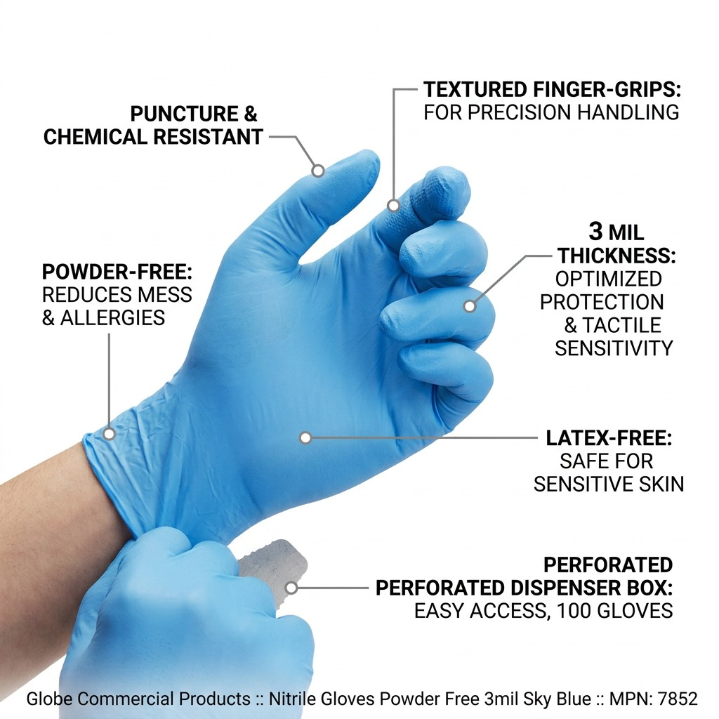 Feature graphic for Globe 3mil sky blue nitrile gloves highlighting texture and latex-free design.