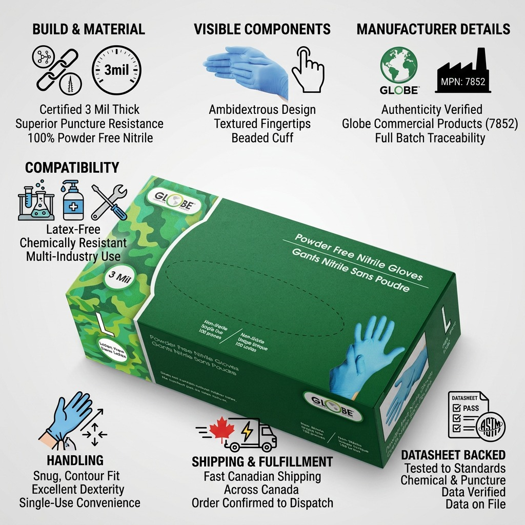 Infographic for Globe 3mil Nitrile Gloves highlighting sky blue material, fast Canadian shipping, and 100% powder-free design.