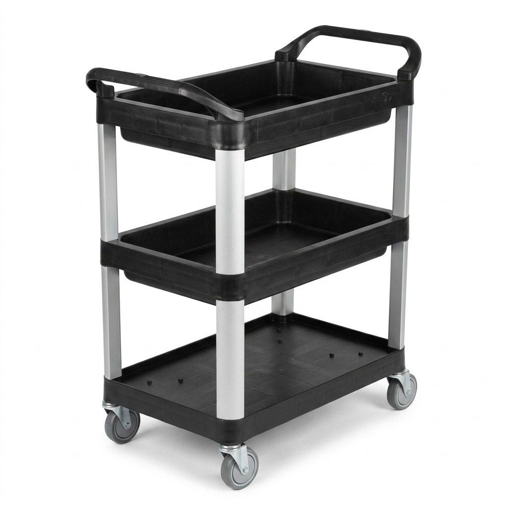 Globe Commercial Products 5001 Small 3-Tier Black Utility Cart with aluminum legs and casters.