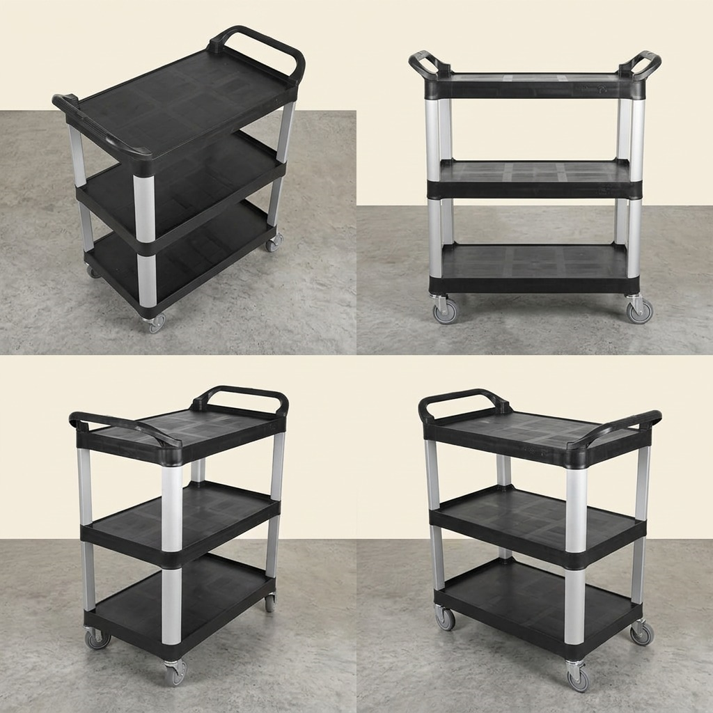 Globe Commercial Products 5001 Small 3-Tier Black Utility Cart with aluminum legs and casters.