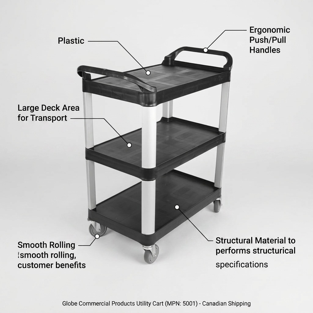 Feature graphic of a Globe Commercial Products 3-tier utility cart highlighting ergonomic handles.