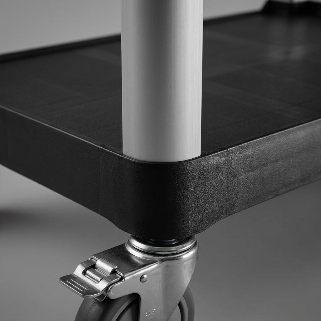 Macro detail of a Globe 5001 black utility cart showing the aluminum leg and heavy-duty caster.
