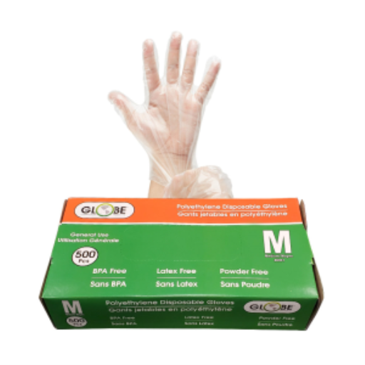 Globe – Gants polyéthylène sans poudre, moyens, boîte de 500 – 8001